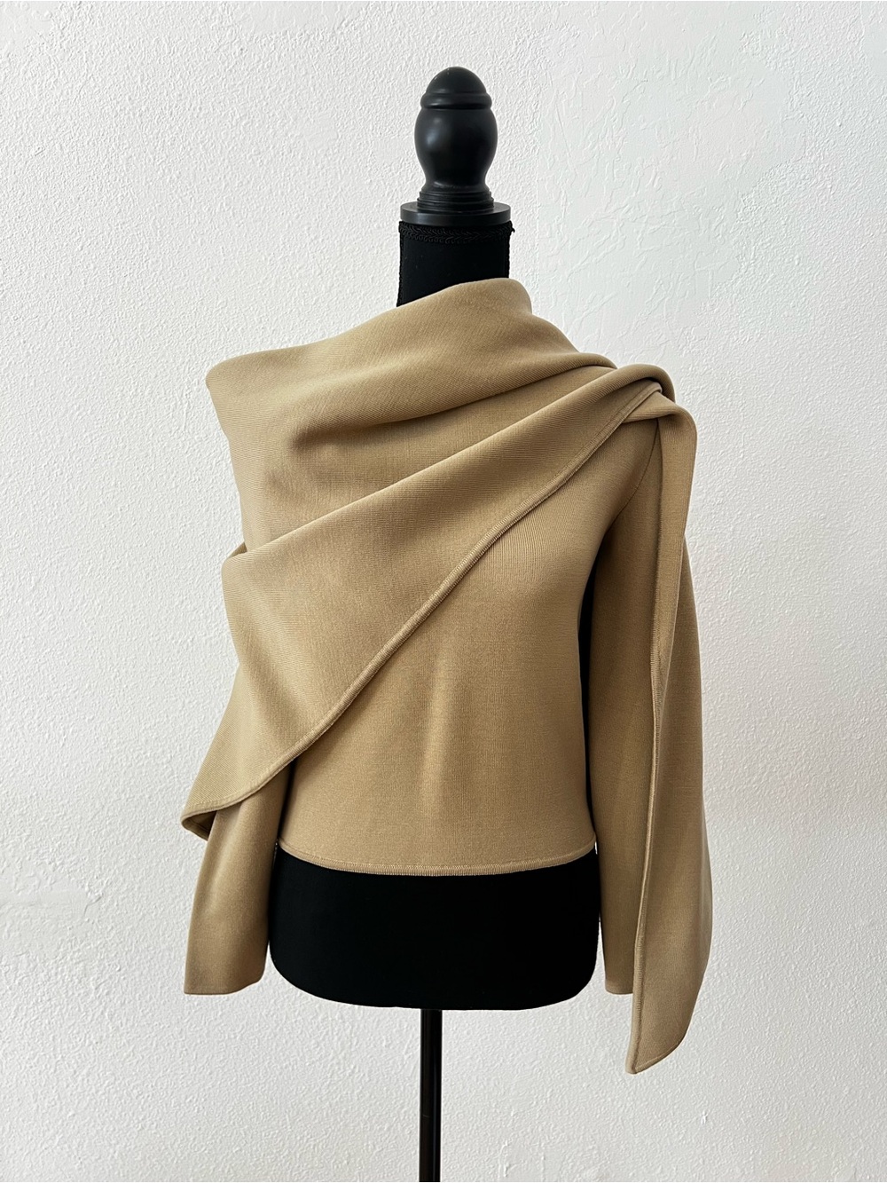 JW Anderson Merino Wool Draped Scarf Overlap Shoulder Detail Sweater Camel S